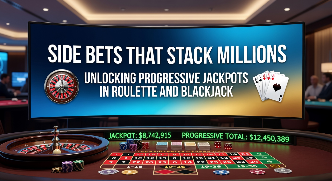 Ein dynamisches Bild von Roulette- und Blackjack-Tischen mit leuchtenden Side-Bet-Feldern und wachsenden Jackpot-Zählern, die Millionensummen anzeigen