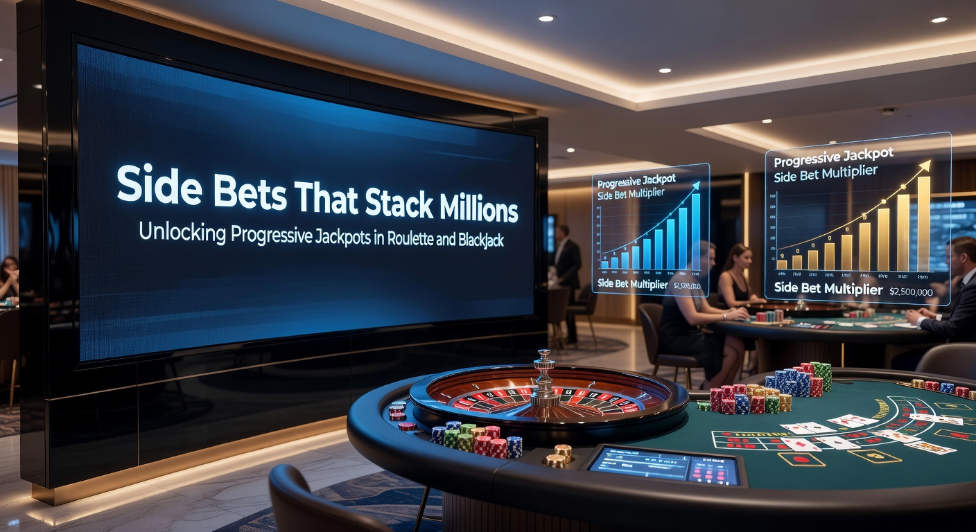 Nahaufnahme eines Blackjack-Tisches mit hervorgehobenen Side-Bet-Optionen wie Perfect Pairs und 21+3, daneben ein steigender Progressiver Jackpot-Meter auf einem modernen Casino-Bildschirm