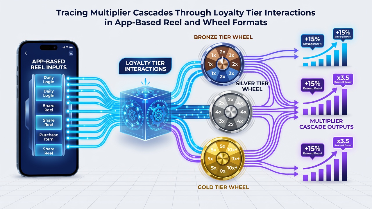 Visualisierung von Treuestufen-Interaktionen und Multiplikator-Kaskaden in Wheel- und Reel-Apps